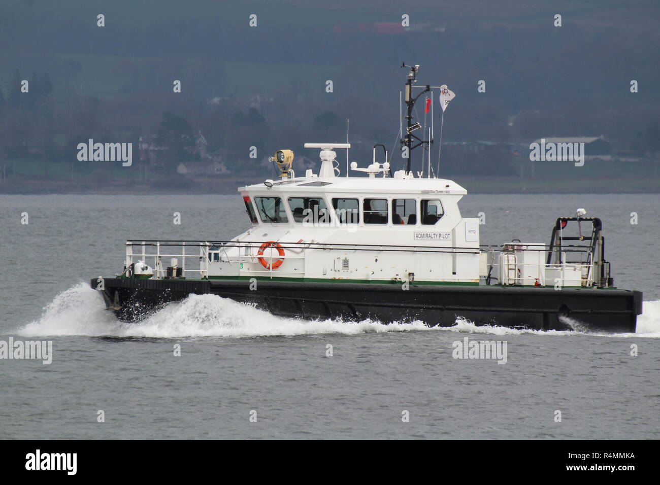 SD Clyde Spirit, a Damen Stan Tender 1905 pilot cutter operated by Serco Marine Services, passing Greenock during Exercise Joint Warrior 18-1. Stock Photo