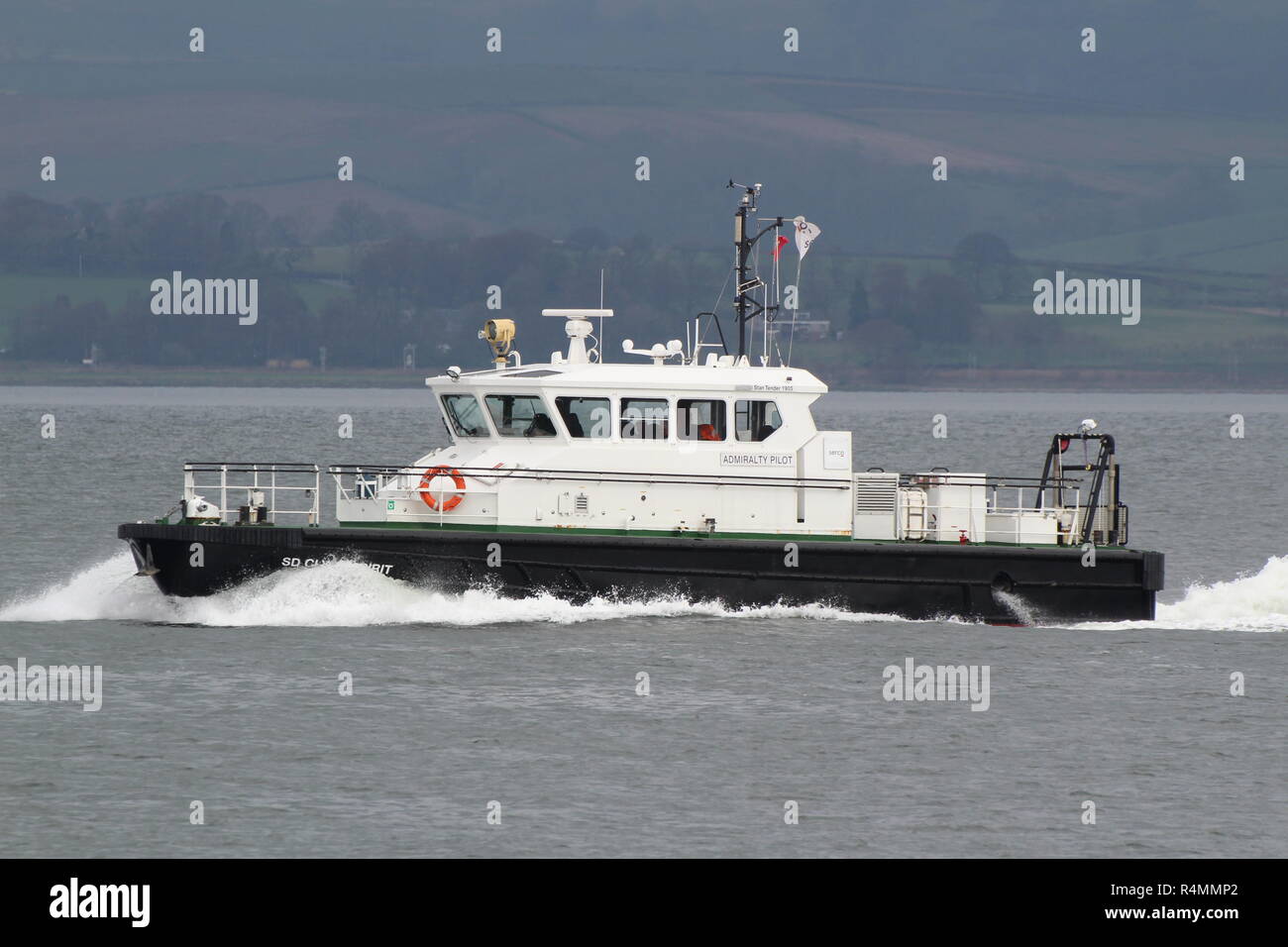 SD Clyde Spirit, a Damen Stan Tender 1905 pilot cutter operated by Serco Marine Services, passing Greenock during Exercise Joint Warrior 18-1. Stock Photo