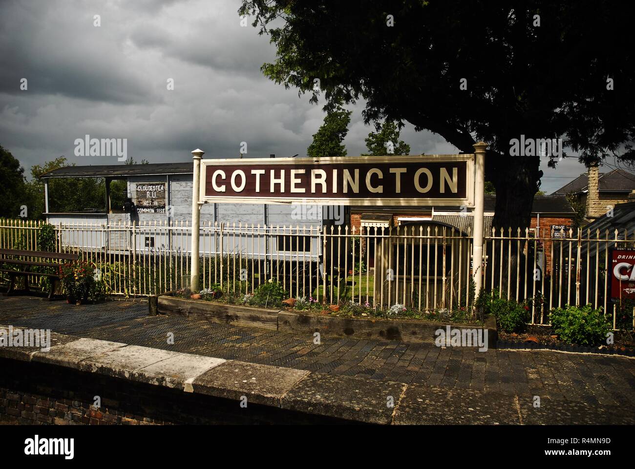 The Gotherington station sign on the Gloucestershire and Warwickshire Steam Railway, UK Stock Photo