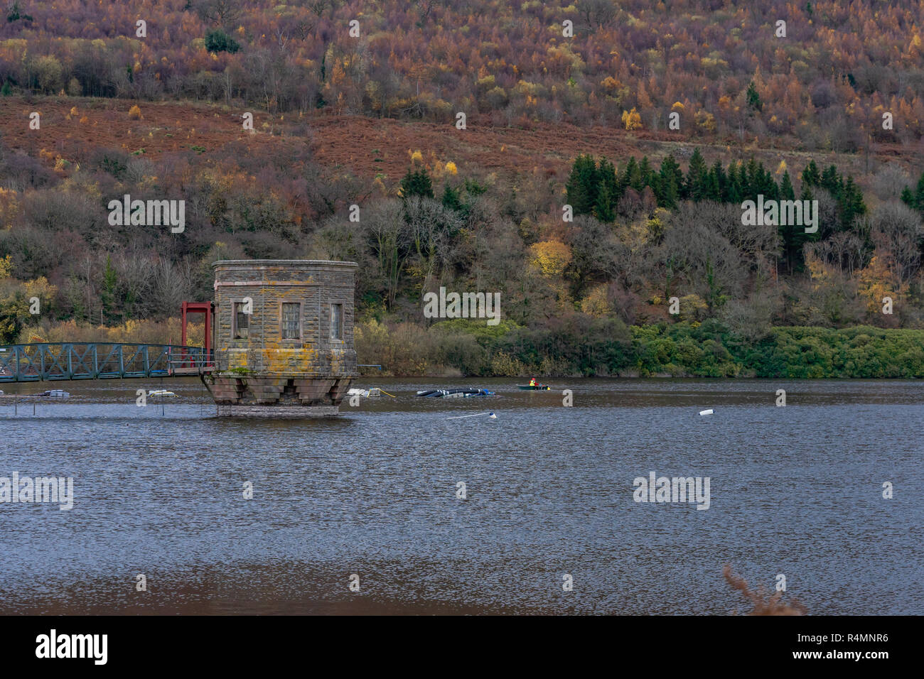 The reservoir valve tower at Talybont Reservoir in the Brecon Beacons National Park during autumn, Powys, South Wales, UK Stock Photo