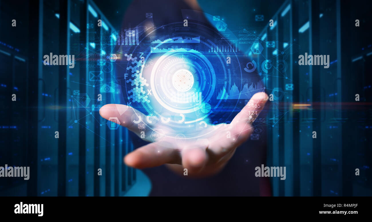Man holding hologram projection displaying biometric security concept  Stock Photo