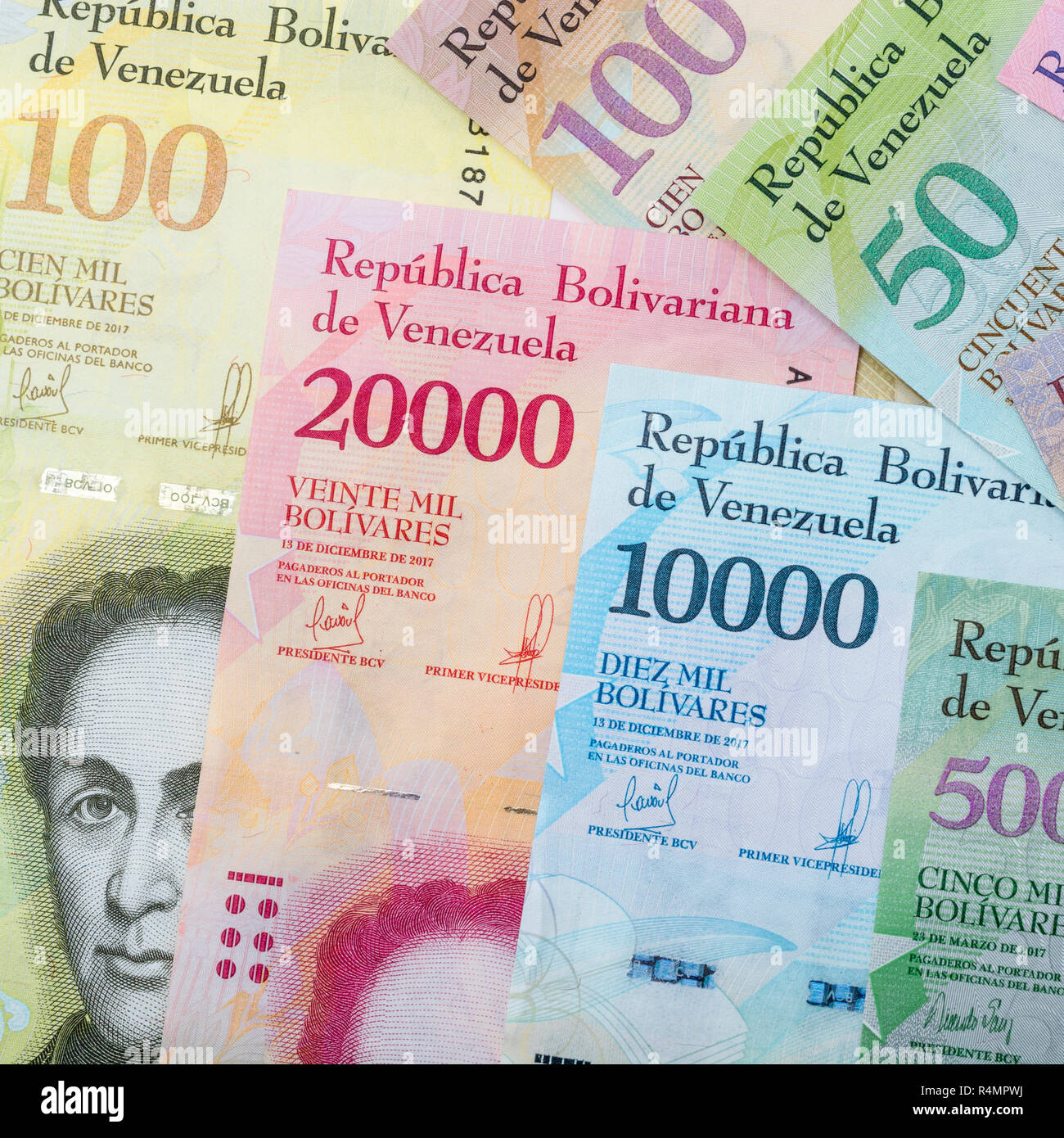 Venezuela Bolivar banknotes - metaphor for Hyperinflation in the Venezuelan economy, where banknotes are almost worthless. SEE ADDIT. NOTES Stock Photo