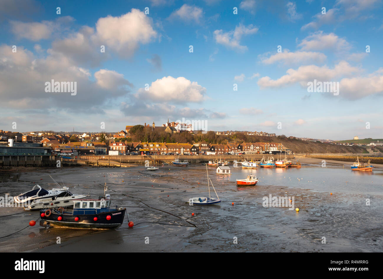 Folkestone harbour with the tide out during November. Kent, UK. Stock Photo