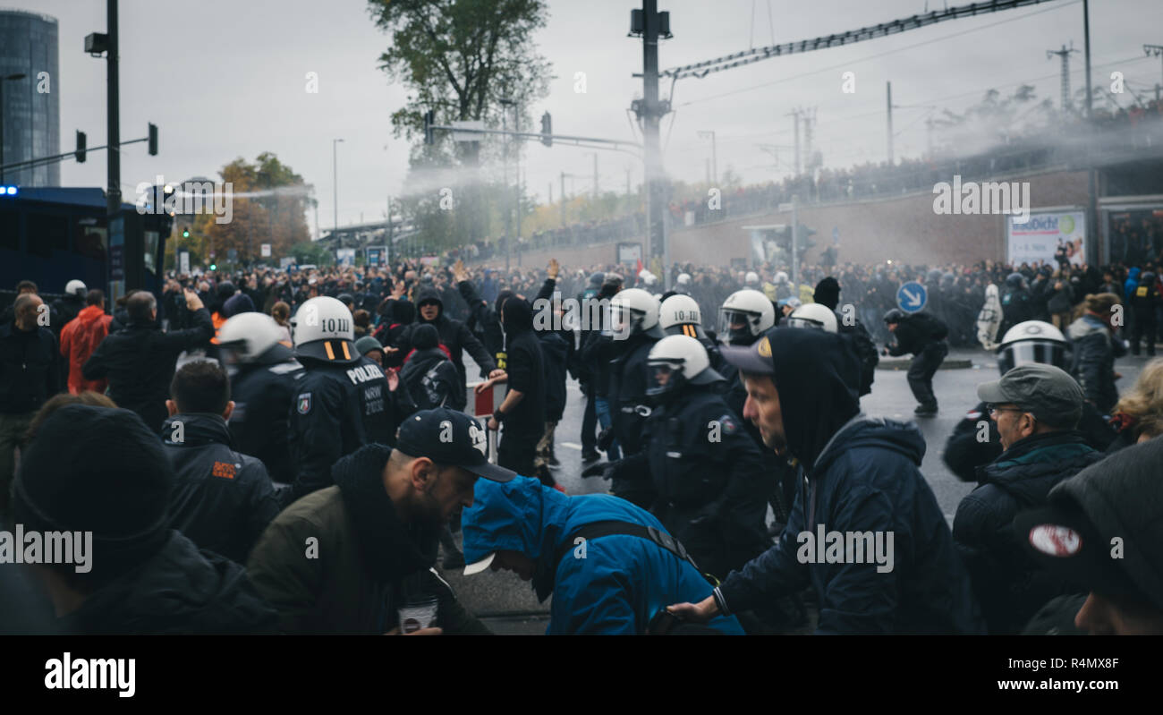 Police in riot gear reacting to a big demonstration clash Stock Photo