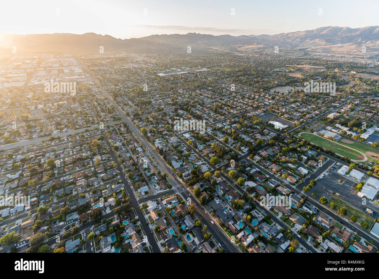 Late afternoon aerial view towards Lassen St and Corbin Ave in the San Fernando Valley