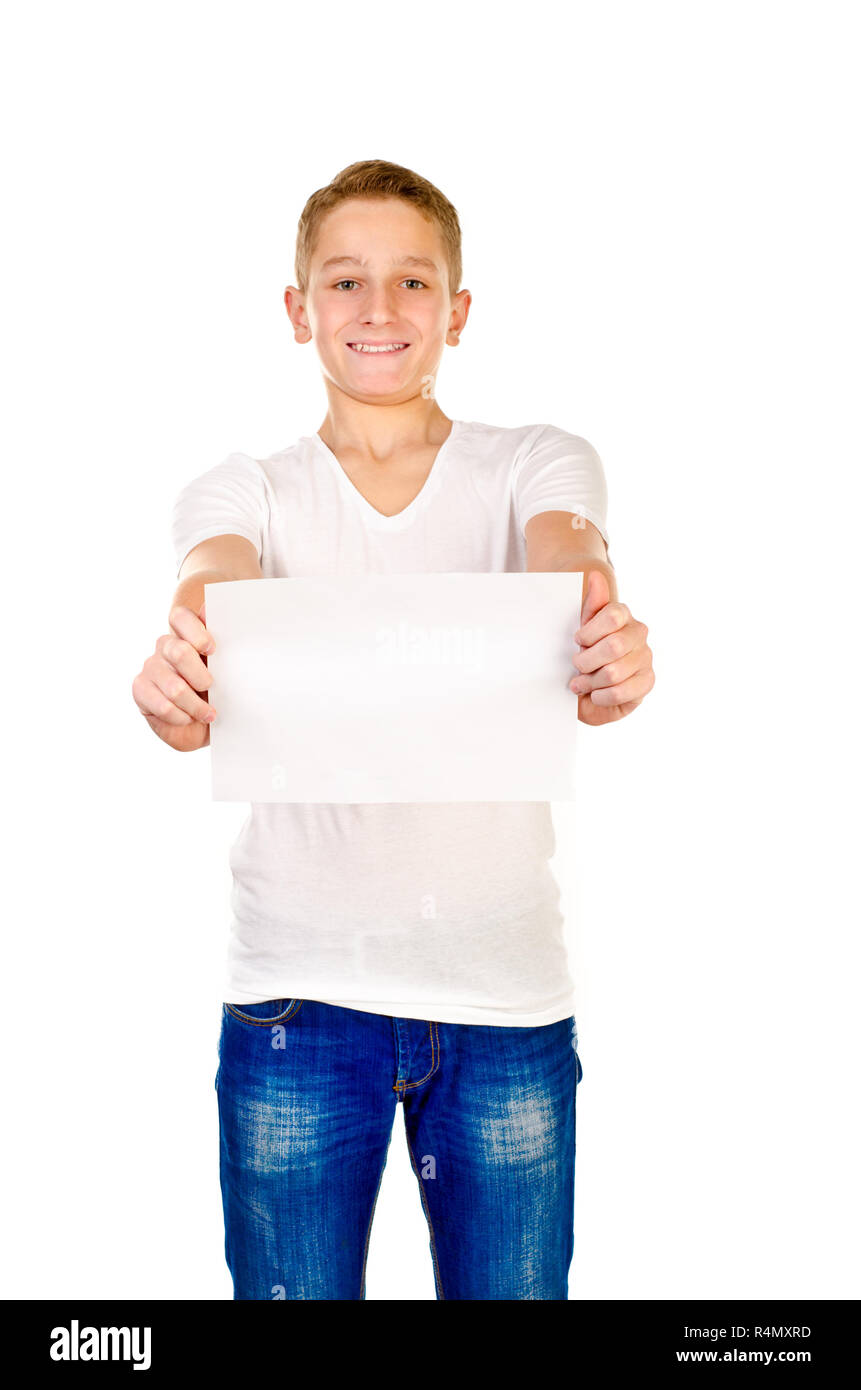 teenage boy holding empty piece of paper Stock Photo - Alamy