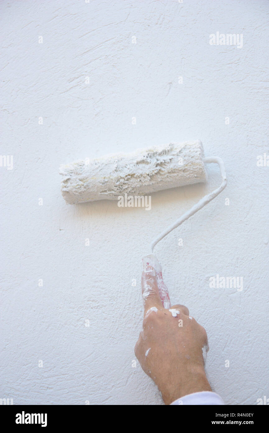 A wall is being painted by the professional painter using a roller with white paint Stock Photo