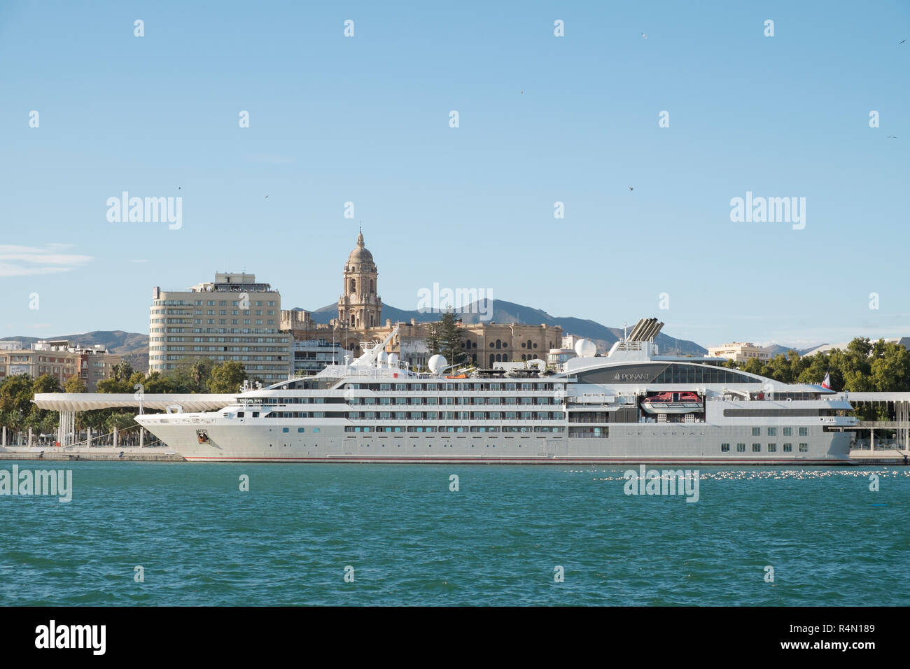 October 14, 2018. Cruise ship Ponant Le Lyrial (delivered on 11 April 2015) moored in Málaga, Spain. Stock Photo
