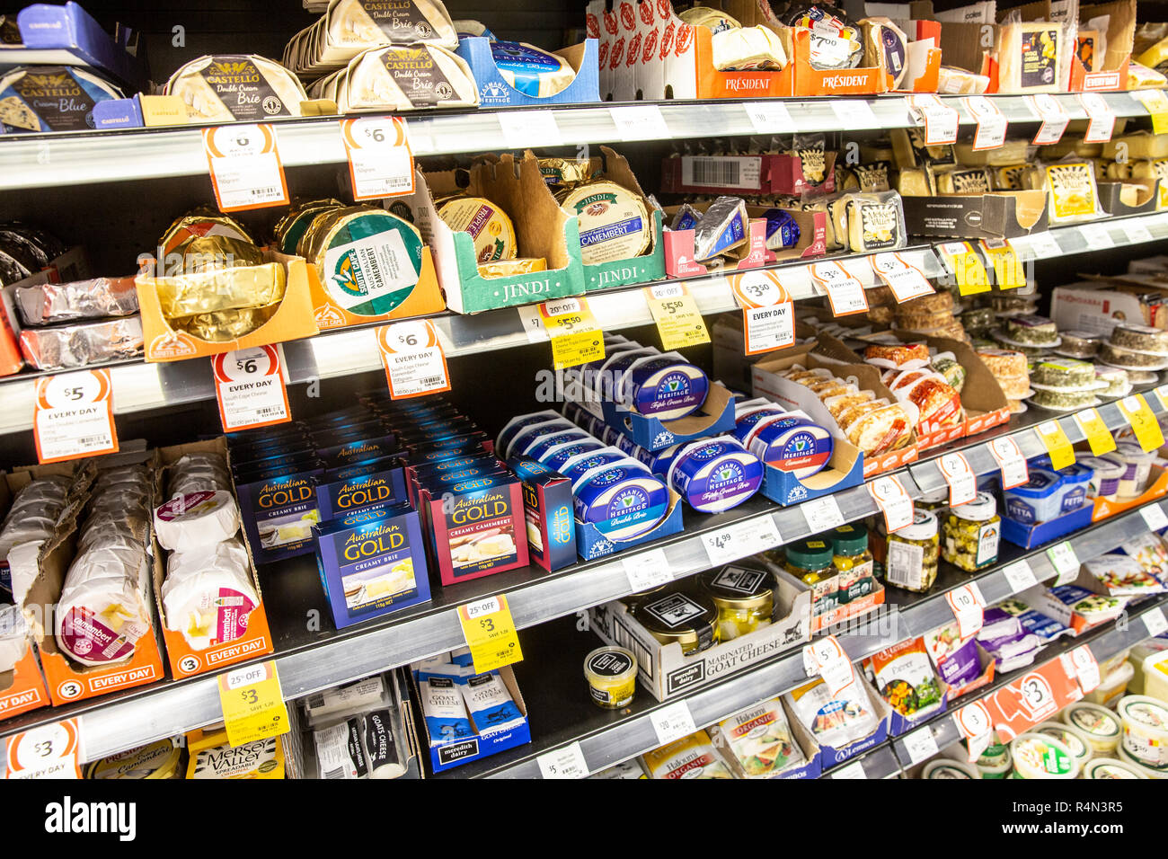 Australian cheeses on sale at a Coles supermarket in Australia Stock