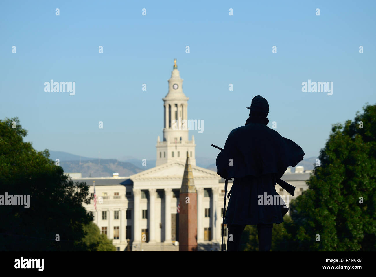 Civil war monument and Denver City and County Building in Colorado Stock Photo
