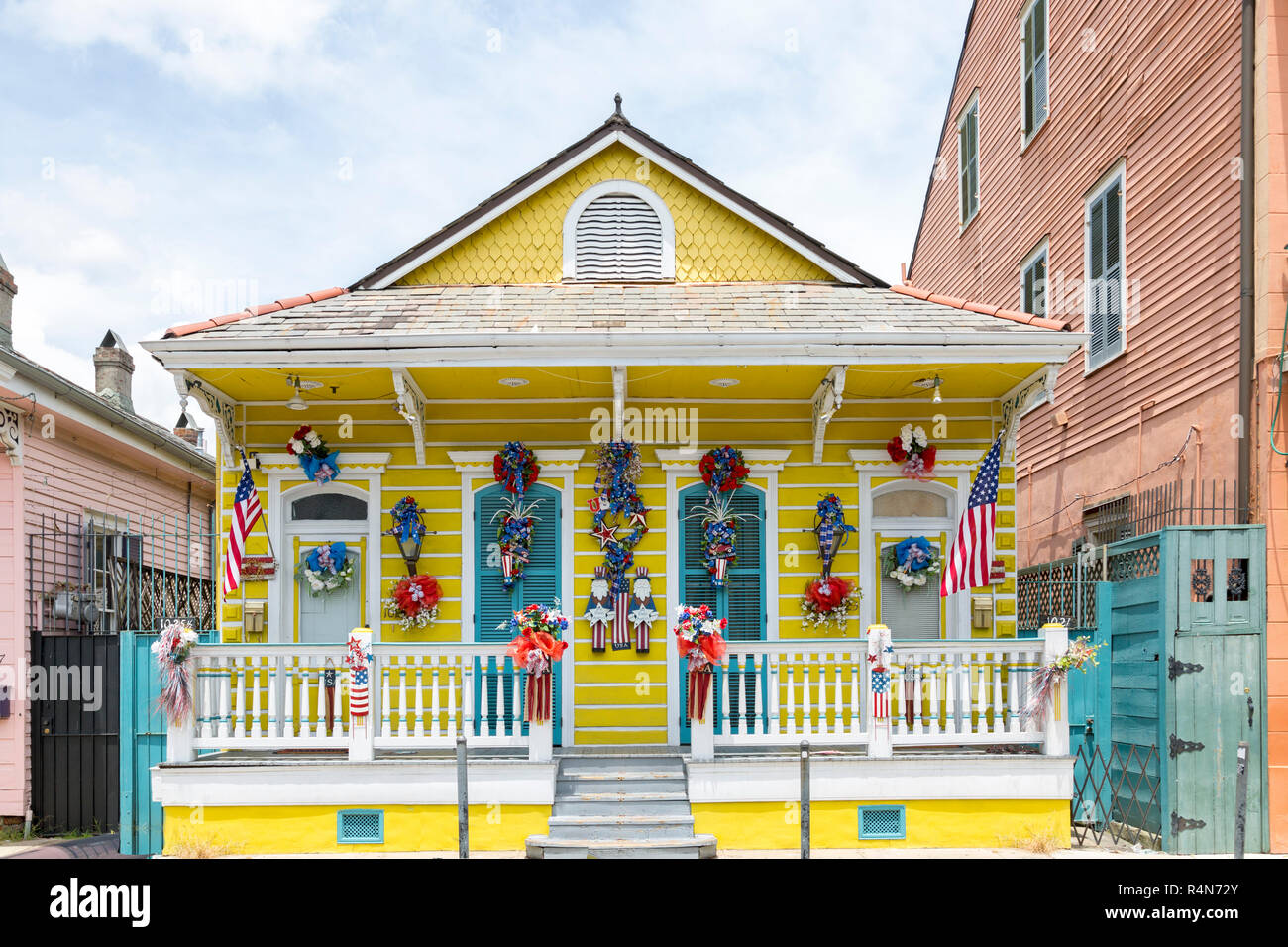 Cute house in the French Quarters area of New Orleans, Louisiana. Decorated patriotic for the 4th of July. Stock Photo