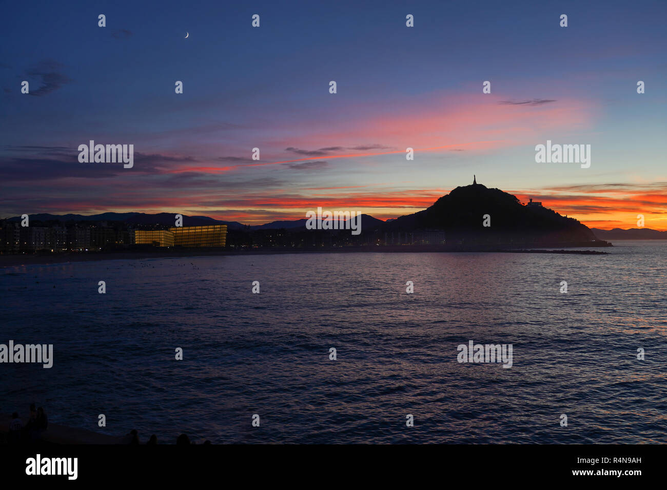View of San Sebastian Donostia with Zurriola beach and the Kursaal n the foreground Basque Country Spain Stock Photo