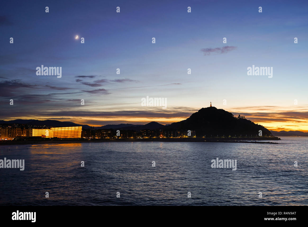 View of San Sebastian Donostia with Zurriola beach and the Kursaal n the foreground Basque Country Spain Stock Photo