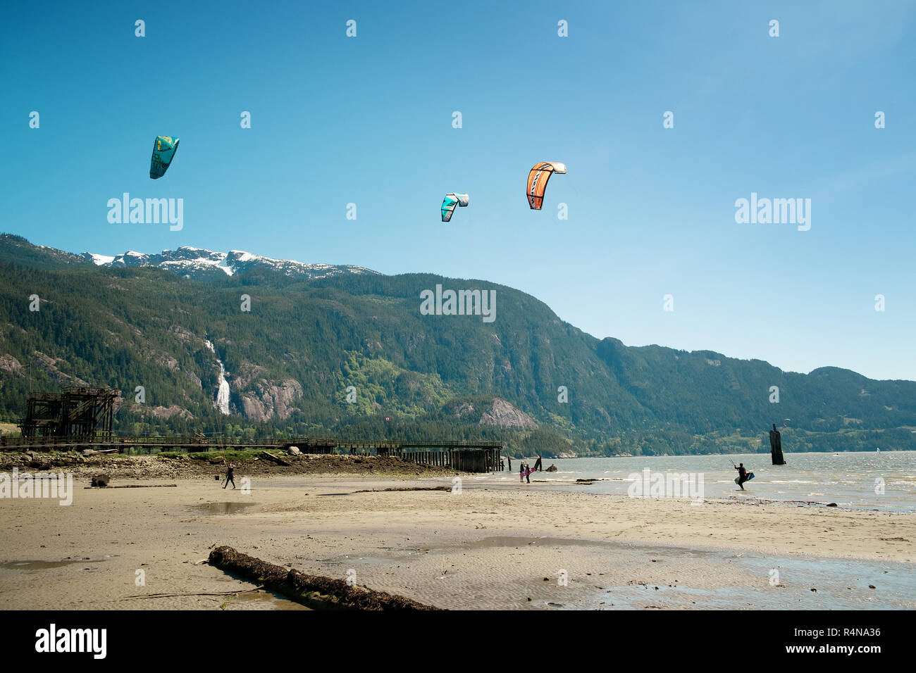 Kite boarders Newport beach at an extra low tide. Squamish BC, Canada. Stock Photo