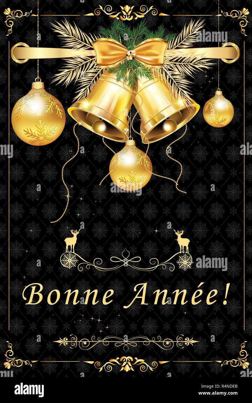 Bonne Annee - Happy New Year in French greeting card with typographic  design Lettering. Calligraphic Inscription Decorated with Golden Stars and  Beads.:: موقع تصميمي