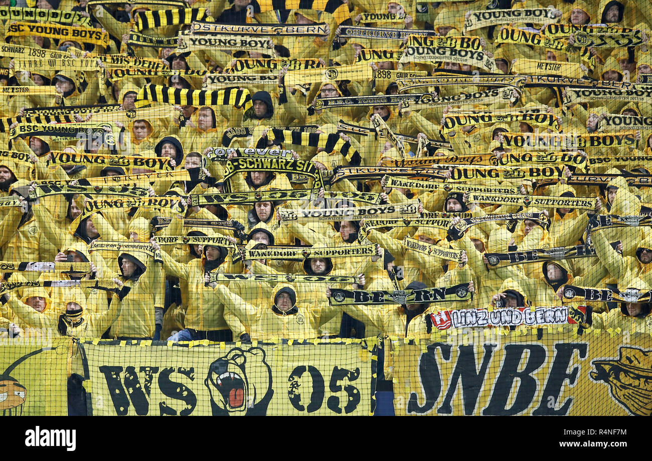 BSC Young Boys fans during the UEFA Champions League, Group H match at Old Trafford, Manchester. PRESS ASSOCIATION Photo. Picture date: Tuesday November 27, 2018. See PA story SOCCER Man Utd. Photo credit should read: Martin Rickett/PA Wire. Stock Photo