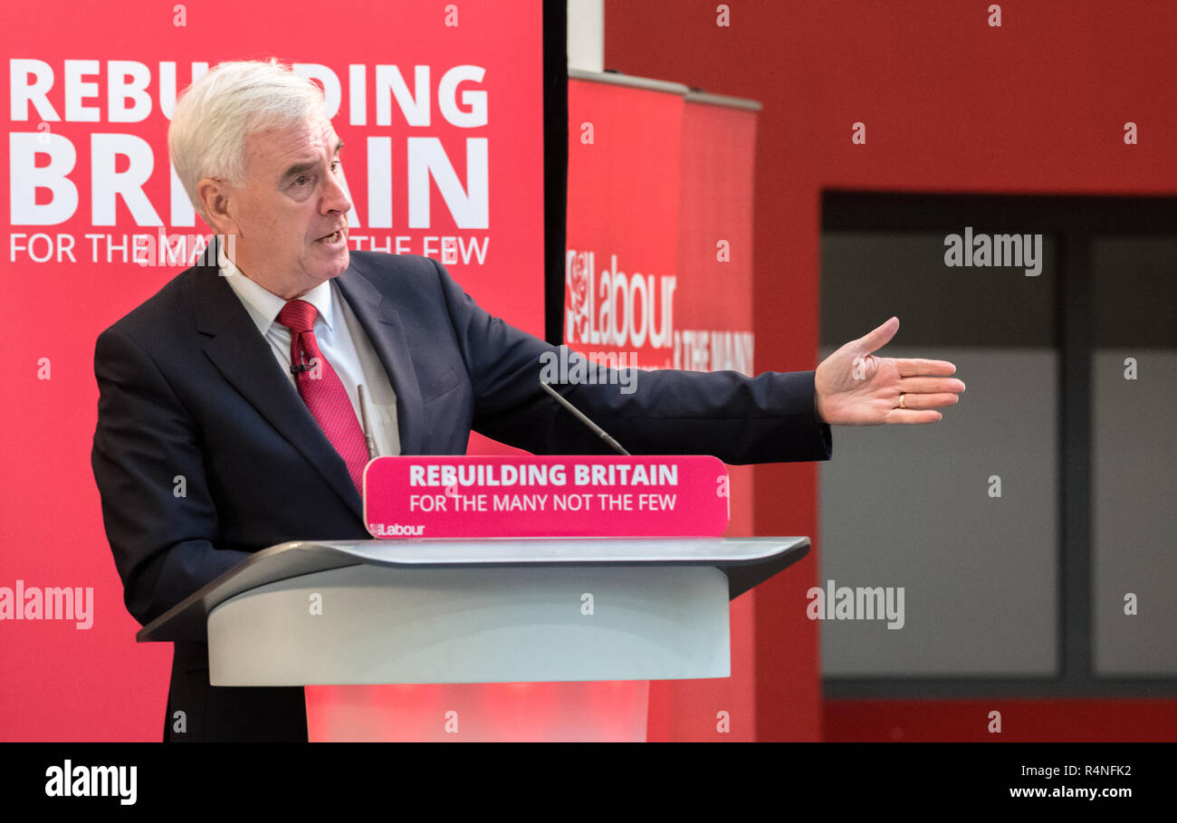 John McDonnell, Shadow Chancellor speaking in Mansfield, about the new policy ‘The Road To Building The Economy’. Stock Photo