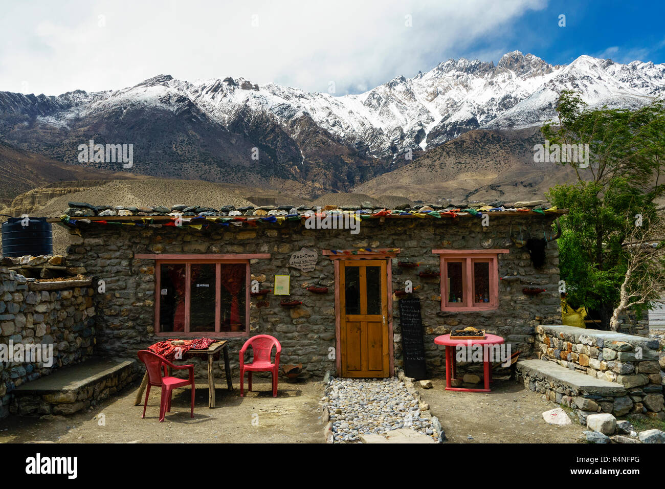 Typical small café on the way from Jomsom to Kagbeni, Mustang region, Nepal. Stock Photo