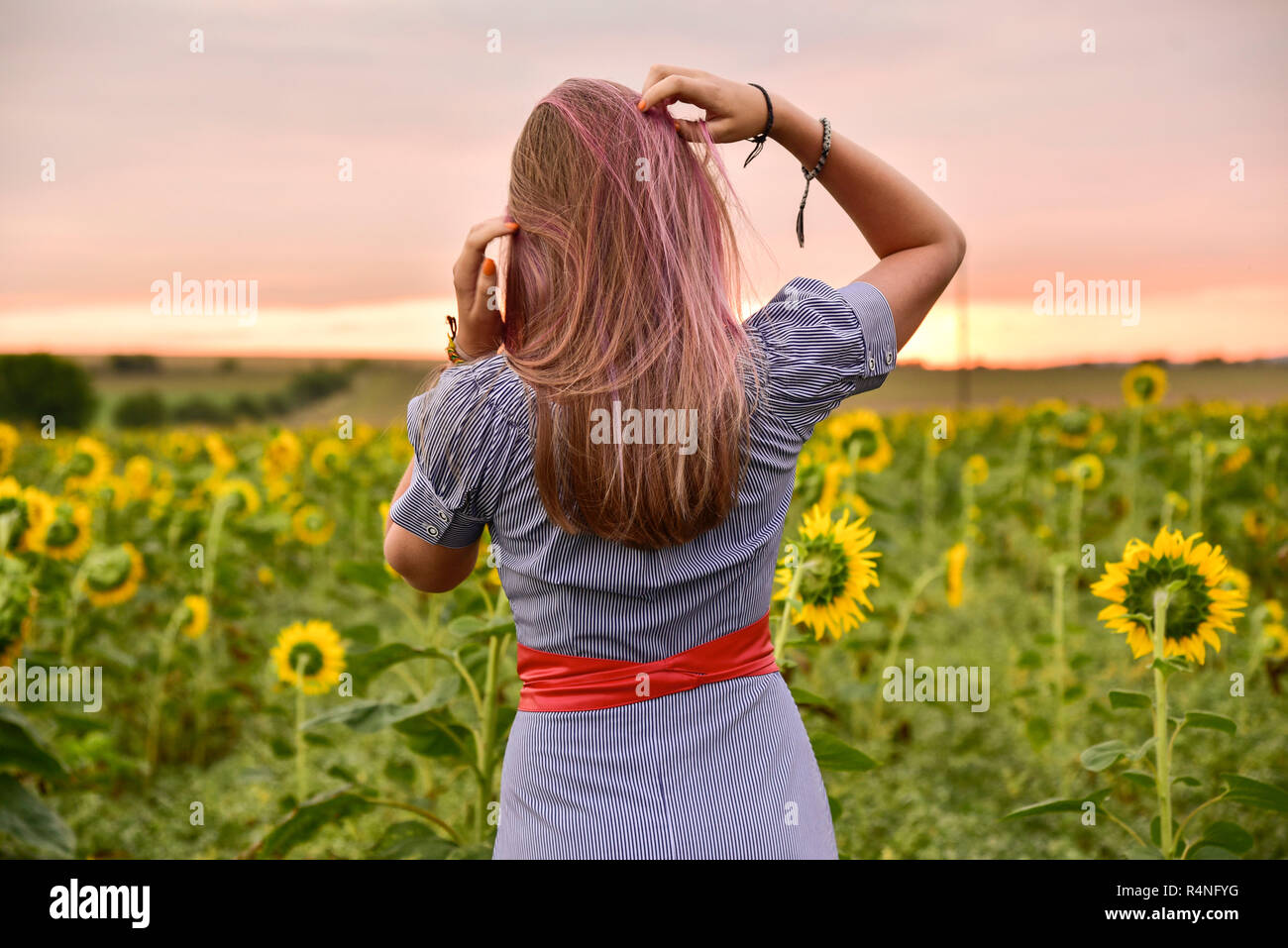 Girl standing in front of a field of sunflowers with her back to the ...
