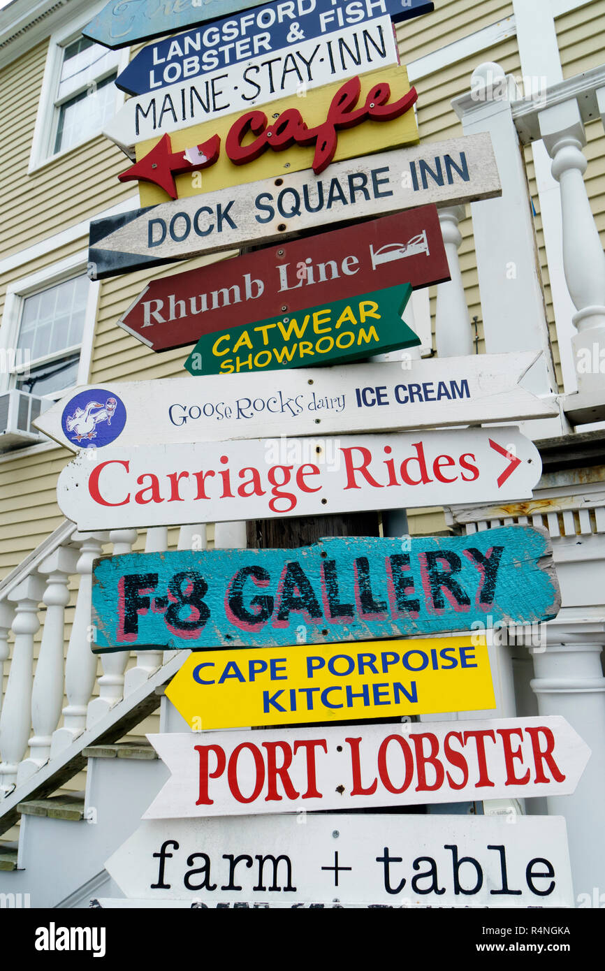 Directional advertising panels for local businesses in Kennebunkport, Maine, USA. Stock Photo