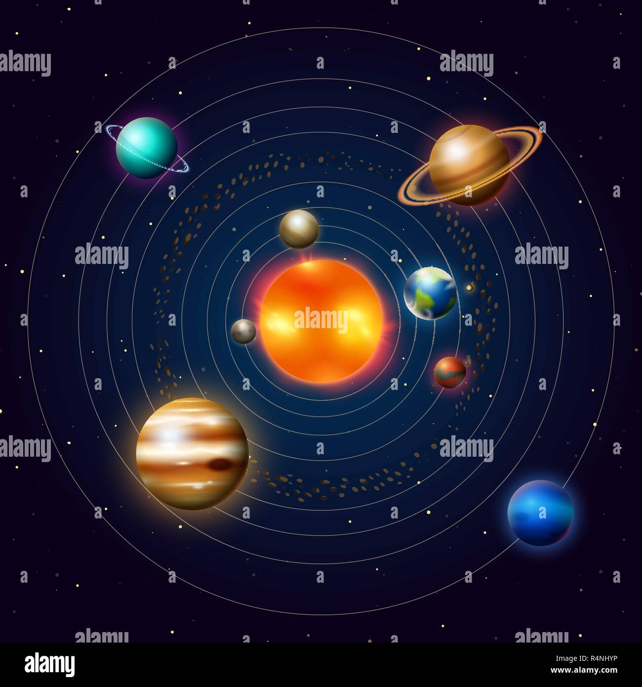 Planets of the solar system or model in orbit. Milky Way. Space and astronomy, the infinite universe and the galaxy. Sphere Mars Venus Sun Earth Jupiter. Dark background for your design. Stock Vector