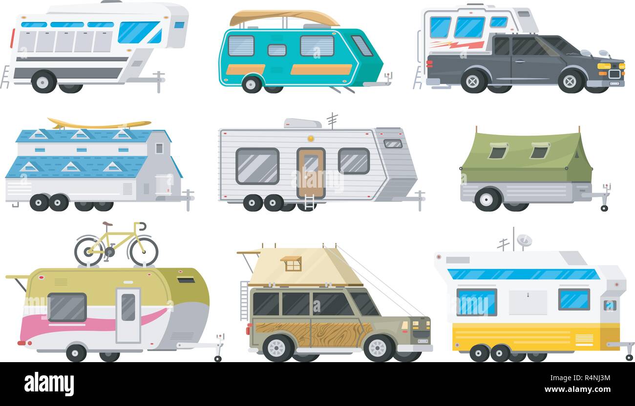 A set of trailers or family RV camping caravan. Tourist bus and tent ...