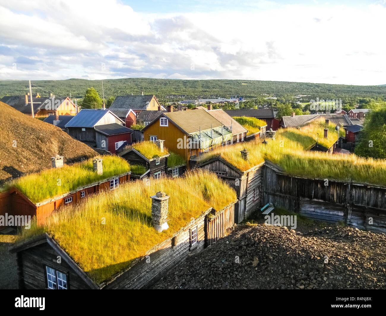 Traditional wooden houses with peat on the roof in the village of Roros