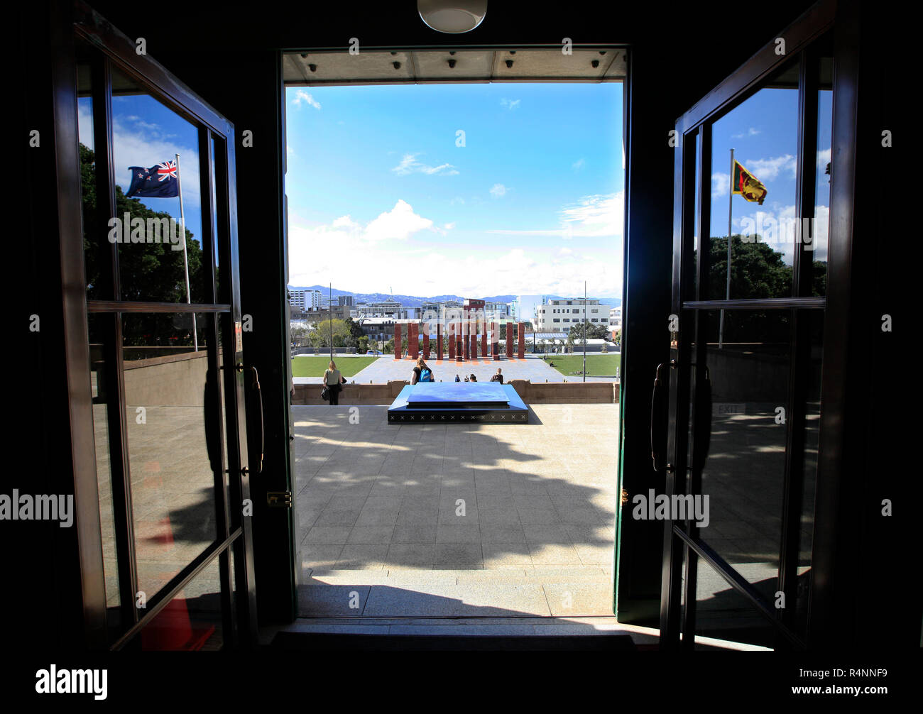 Picture by Tim Cuff 3 October 2016 - View from the doorway of the Carillon across the Tomb of the Unknown Warrior to the Pukeahu National War Memorial Stock Photo