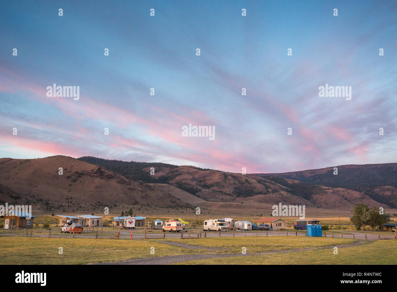 View of group of trailers and RVs at sunset, Summer Lake, Oregon, USA Stock Photo