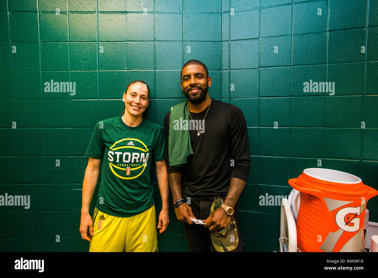 Portrait of two smiling basketball players, Seattle, Washington State, USA Stock Photo