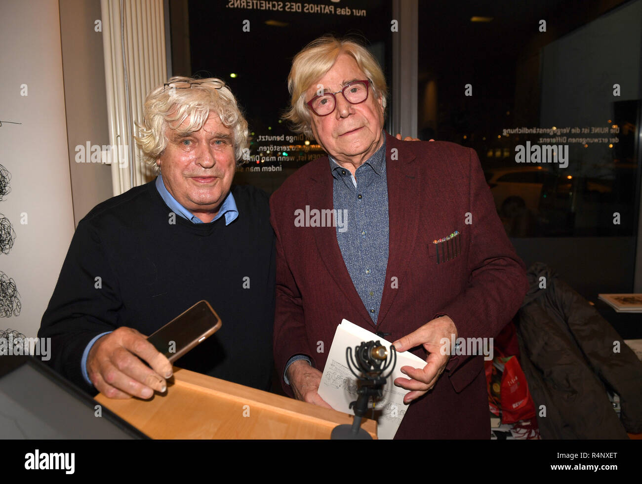 Berlin, Germany. 27th Nov, 2018. The artist Fridhelm Klein (l) and the artist and art theorist Bazon Brock can be seen at an exhibition of the artist Klein in Denkerei. Credit: Felix Hörhager/dpa/Alamy Live News Stock Photo