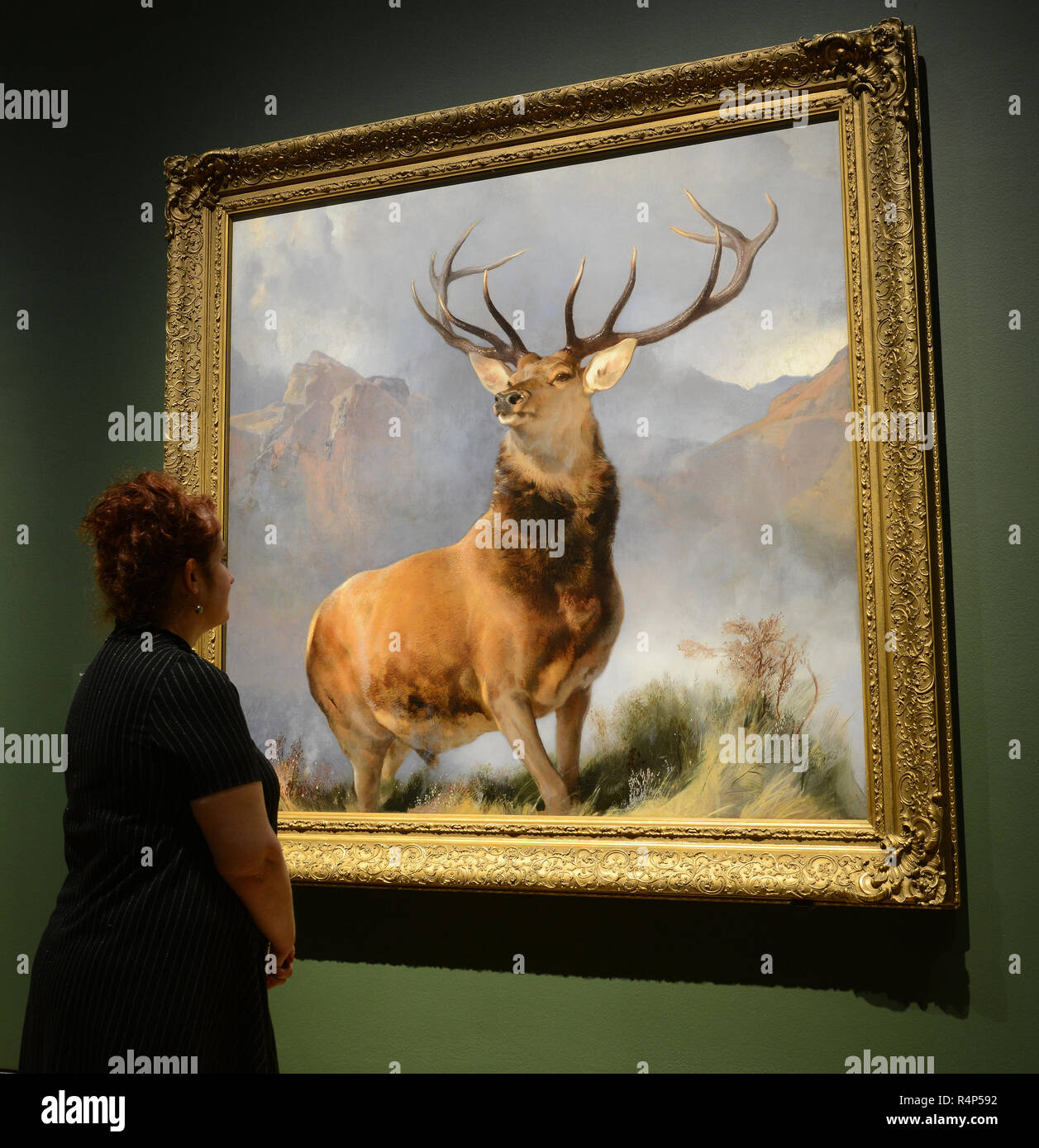 London, UK. 28th November, 2018. The Monarch of the Glen goes on display at The National Gallery. Painted around 1851 by English artist Sir Edwin Landseer, it depicts a royal stag and is arguably the world’s best known animal painting. Credit: Howard Jones/Alamy Live News Stock Photo
