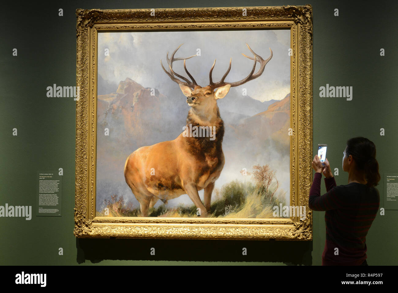 London, UK. 28th November, 2018. The Monarch of the Glen goes on display at The National Gallery. Painted around 1851 by English artist Sir Edwin Landseer, it depicts a royal stag and is arguably the world’s best known animal painting. Credit: Howard Jones/Alamy Live News Stock Photo