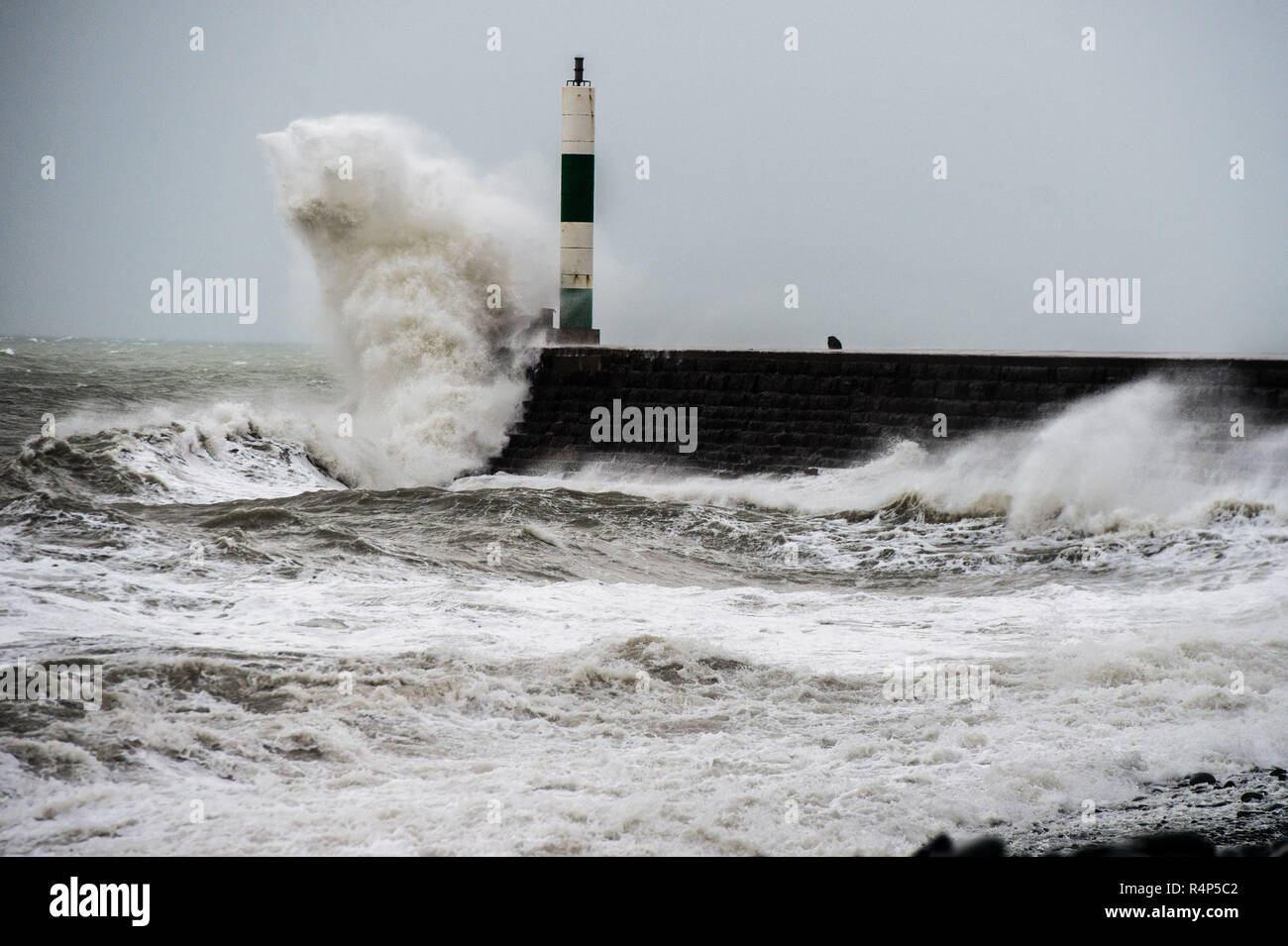 Aberystwyth Wales UK, 28/11/2018 UK Weather : Storm Diana, with  winds gusting up to 60 or 70mph, combined with a high tide, brings huge waves battering the sea defences in Aberystwyth on the Cardigan Bay coast of west Wales. The UK Met Office has issued a yellow warning for wind today and tomorrow for western part of the British Isles, with the risk of damage to property and likely disruption to travel.  photo credit Keith Morris / Alamy Live News Stock Photo