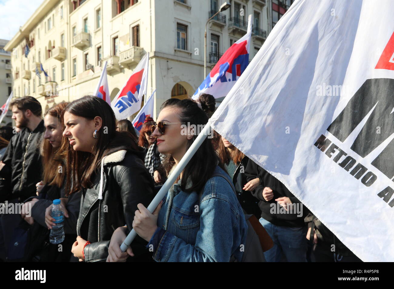 Thessaloniki, Greece, 28th November, 2018.  Students attend a rally during a 24-hour walkout staged by Greece's largest private sector union GSEE  against planned pension cuts and to demand the reversal of labour reforms implemented under the country's third bailout. The strike by the GSEE union is the second major strike since Greece exited its bailout programm in August. Credit : Orhan Tsolak / Alamy Live News. Stock Photo