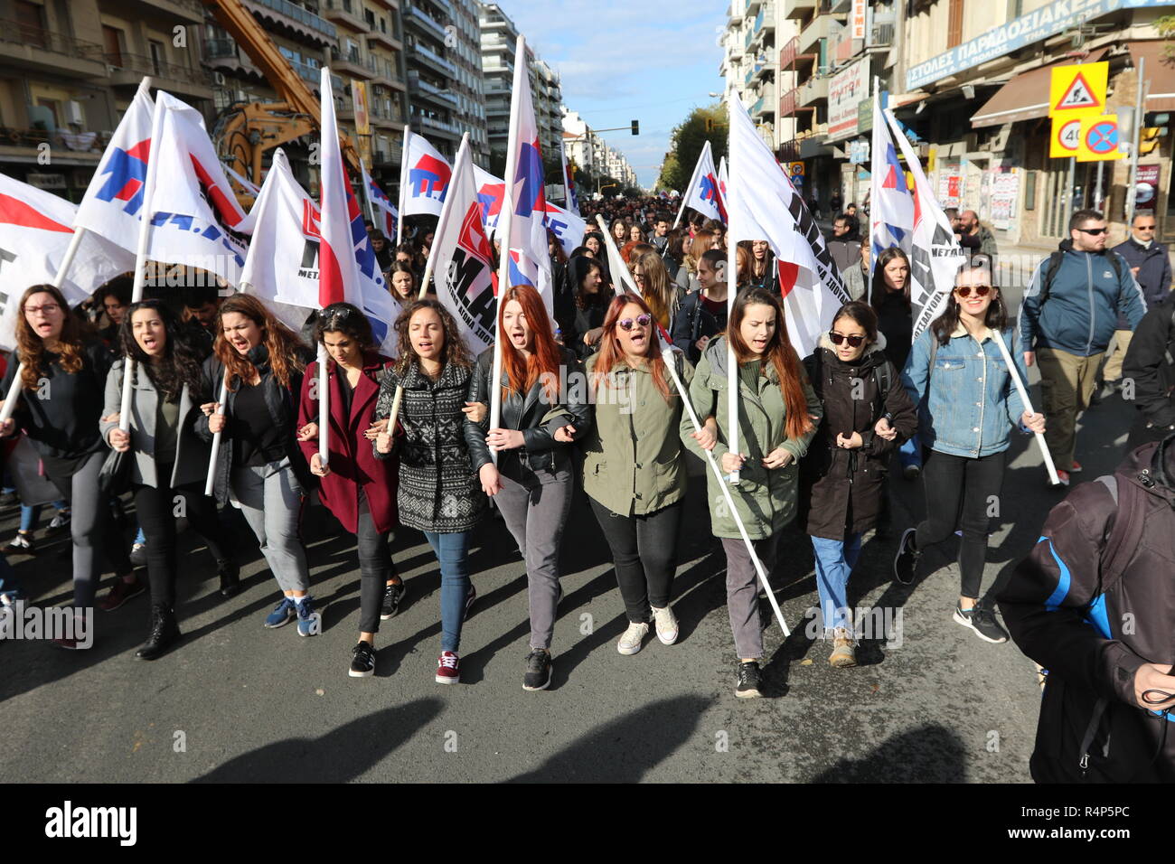 Thessaloniki, Greece, 28th November, 2018.  Students from the communist-affiliated trade union PAME take part in a demonstration during a 24-hour walkout staged by Greece's largest private sector union GSEE  against planned pension cuts and to demand the reversal of labour reforms implemented under the country's third bailout. The strike by the GSEE union is the second major strike since Greece exited its bailout programm in August. Credit : Orhan Tsolak / Alamy Live News. Stock Photo