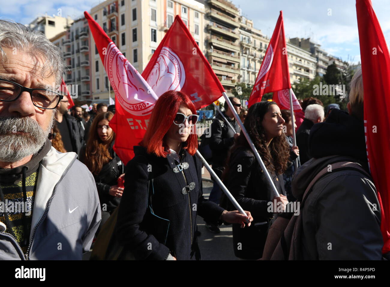 Thessaloniki, Greece, 28th November, 2018. Protesters from the communist-affiliated trade union PAME take part in a demonstration during a 24-hour walkout staged by Greece's largest private sector union GSEE  against planned pension cuts and to demand the reversal of labour reforms implemented under the country's third bailout. The strike by the GSEE union is the second major strike since Greece exited its bailout programm in August. Credit : Orhan Tsolak / Alamy Live News. Stock Photo