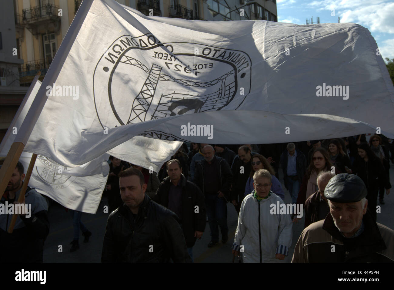 Thessaloniki, Greece, 28th November, 2018. Protesters from the communist-affiliated trade union PAME take part in a demonstration during a 24-hour walkout staged by Greece's largest private sector union GSEE  against planned pension cuts and to demand the reversal of labour reforms implemented under the country's third bailout. The strike by the GSEE union is the second major strike since Greece exited its bailout programm in August. Credit : Orhan Tsolak / Alamy Live News. Stock Photo