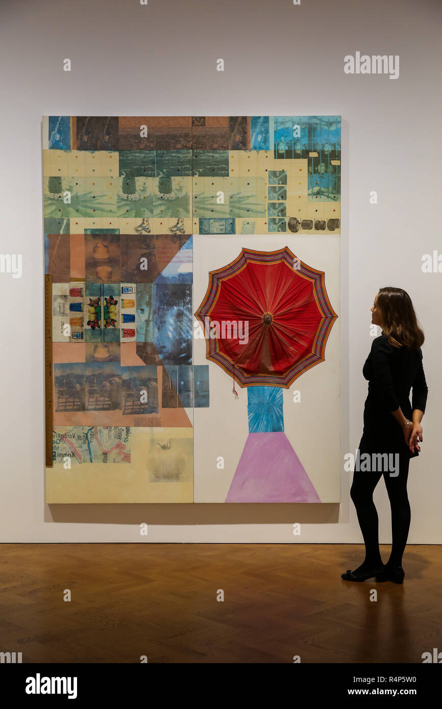 Galerie Thaddaeus Ropac. Mayfair, London. UK. 28 Nov 2018. A woman views 'Lipstick (Spread)', 1981 - Mixed media on two attached panels. Preview of first UK exhibition dedicated to Monumental Series of Robert Rauschenberg Spreads dedicated to the American artist's Spreads series at Galerie Thaddaeus Ropac in Mayfair. Robert Rauschenberg will be on display from 28 November to 26 January 2019.   Credit: Dinendra Haria/Alamy Live News Stock Photo