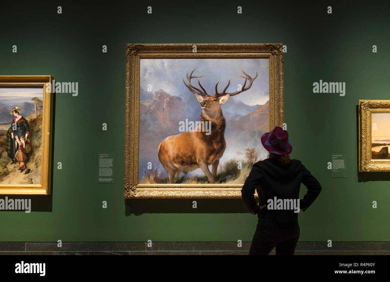 The National Gallery, London, UK. 28 November 2018. A display of film and photographs by artist Rachel Maclean, titled The Lion and The Unicorn, opens at the National Gallery where her themes of national identity will relate to Landseer’s The Monarch of the Glen, opening 29 November 2018, and on view at the National Gallery for the first time in 160 years. English artist Edwin Landseer created a romanticised view of the Scottish Highlands. Image: Edwin Landseer, The Monarch of the Glen. National Galleries of Scotland. Credit: Malcolm Park/Alamy Live News. Stock Photo