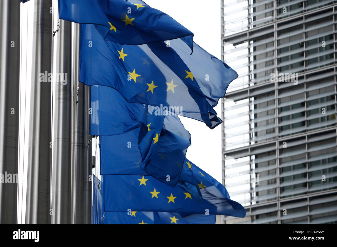 European flags flap in the wind outside EU headquarters in Brussels, Belgium on Nov. 28, 2018. Alexandros Michailidis/Alamy Live News Stock Photo