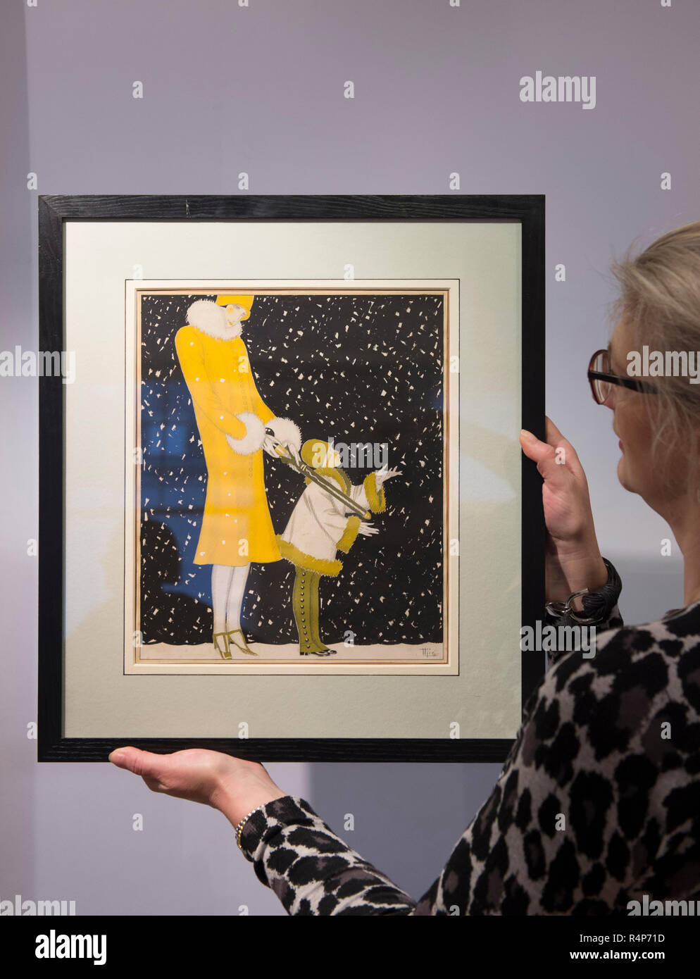 Mayfair and St. James’s, London, UK. 28 November, 2018. London Art Week combines special selling exhibitions and auctions with one-off events exploring 5,000 years of fine art. Talks and discussions cover a wide range of subjects, including a vibrant exhibition of early 20th century commercial illustration. Image: An Elegant Woman and Child in a Snowfall, Marcel-Jacques Hemjic. Stephen Ongpin Fine Art. Credit: Malcolm Park/Alamy Live News. Stock Photo
