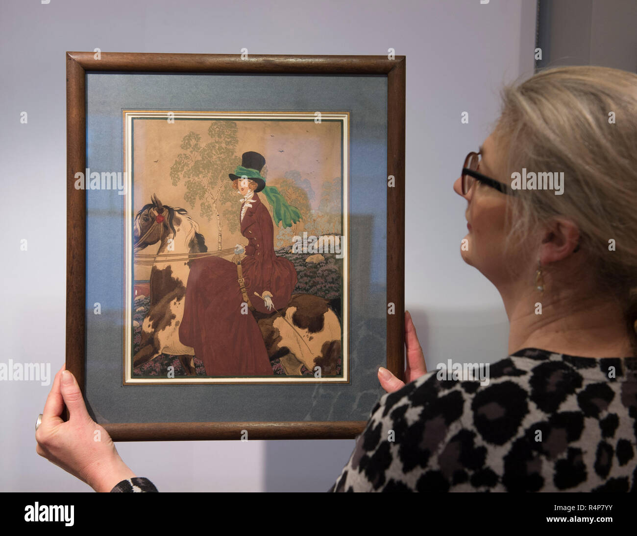 Mayfair and St. James’s, London, UK. 28 November, 2018. London Art Week combines special selling exhibitions and auctions with one-off events exploring 5,000 years of fine art. Talks and discussions cover a wide range of subjects, including a vibrant exhibition of early 20th century commercial illustration. Image: Sidesaddle, Design for the Cover of Vogue Magazine, Pierre Brissaud. Stephen Ongpin Fine Art. Credit: Malcolm Park/Alamy Live News. Stock Photo