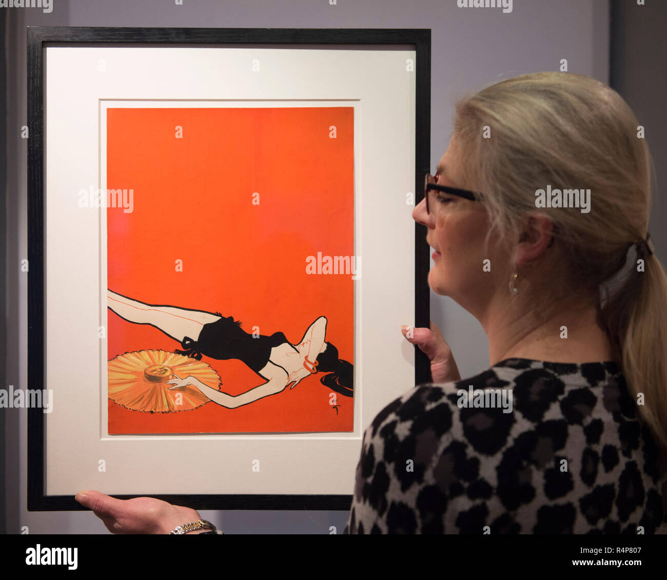 Mayfair and St. James’s, London, UK. 28 November, 2018. London Art Week combines special selling exhibitions and auctions with one-off events exploring 5,000 years of fine art. Talks and discussions cover a wide range of subjects, including a vibrant exhibition of early 20th century commercial illustration. Image: The Straw Hat, René Gruau. Stephen Ongpin Fine Art. Credit: Malcolm Park/Alamy Live News. Stock Photo