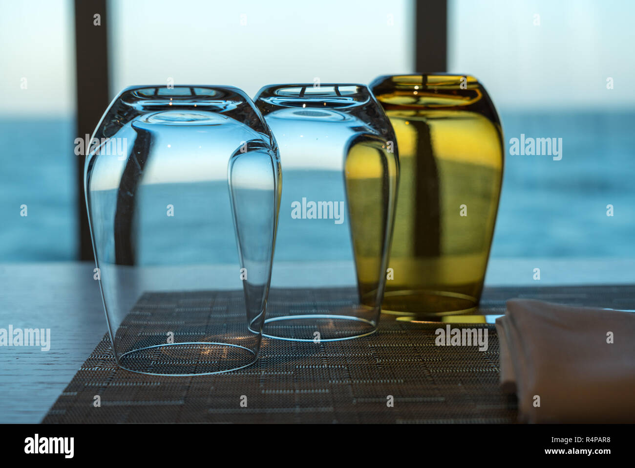 Table for two in shipboard restaurant by window Stock Photo