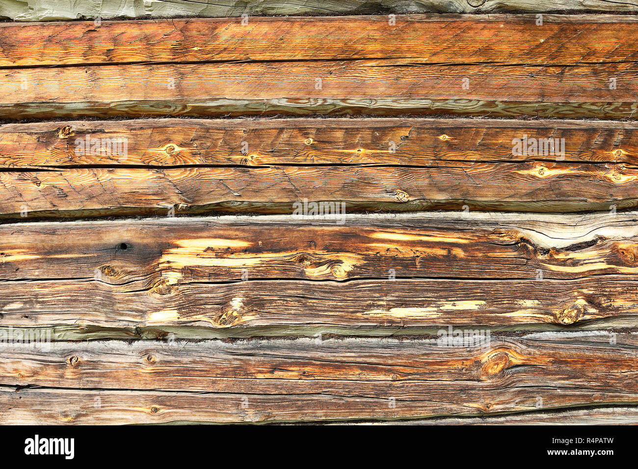 textured view of brown spruce planks on old log house, architectural background for your design Stock Photo