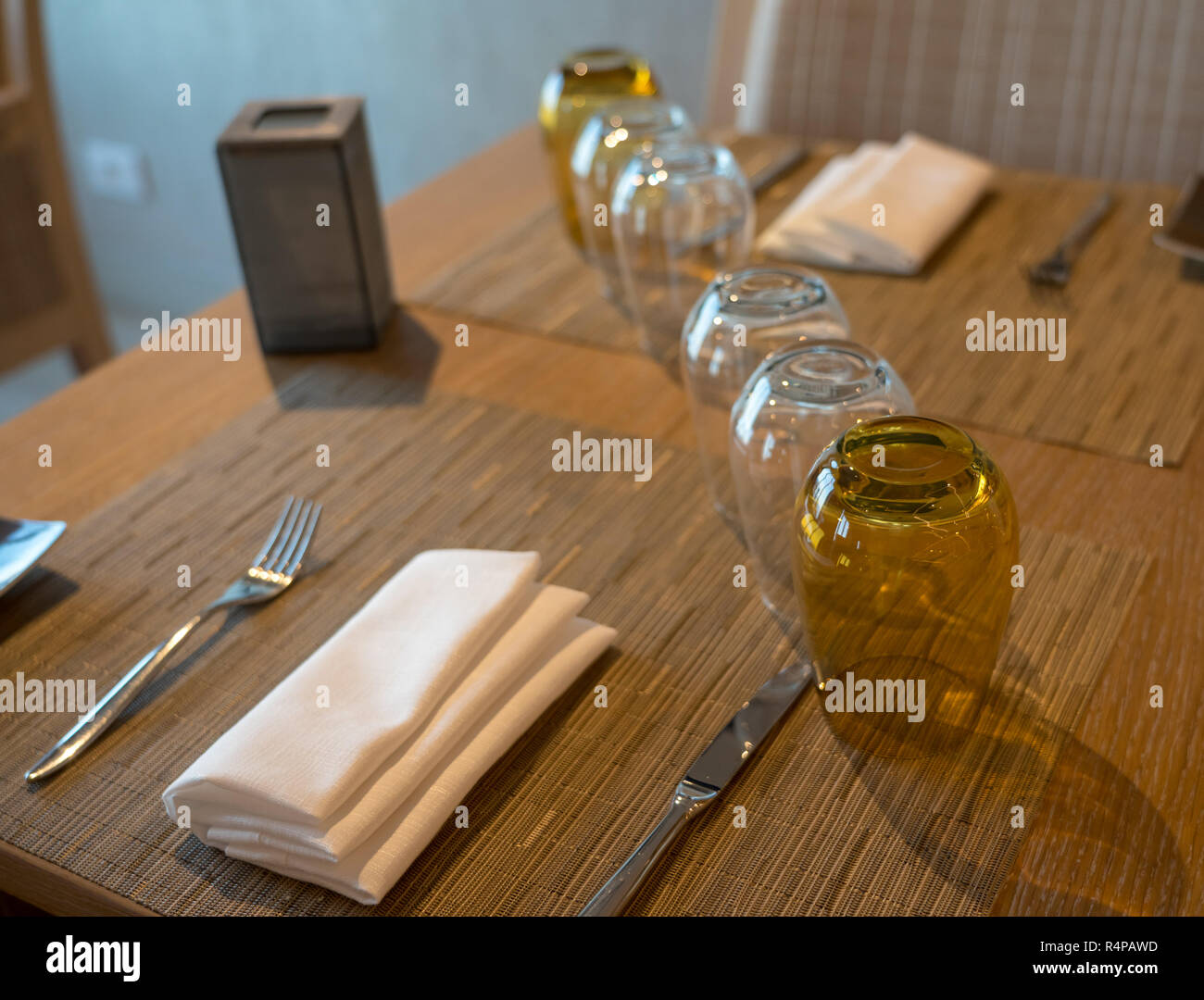 Table for two in shipboard restaurant by window Stock Photo