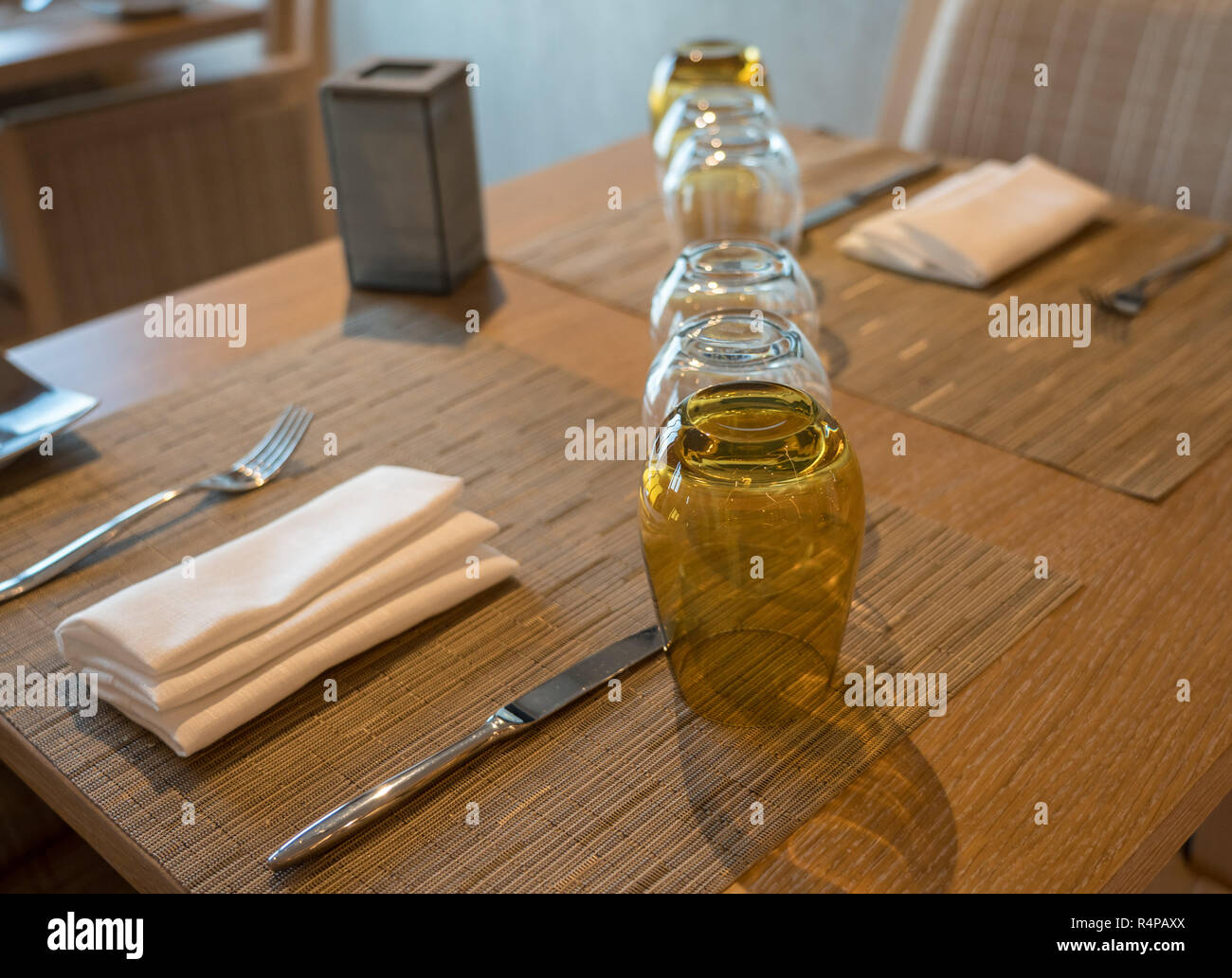 Table for two in shipboard restaurant by window Stock Photo