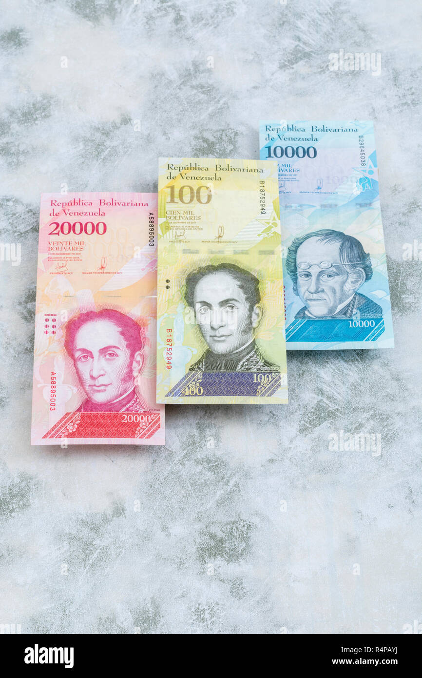 Venezuela Bolivar banknotes on faux stone b/gd - for Hyperinflation in the Venezuelan economy, where banknotes are almost worthless. SEE ADDIT. NOTES Stock Photo