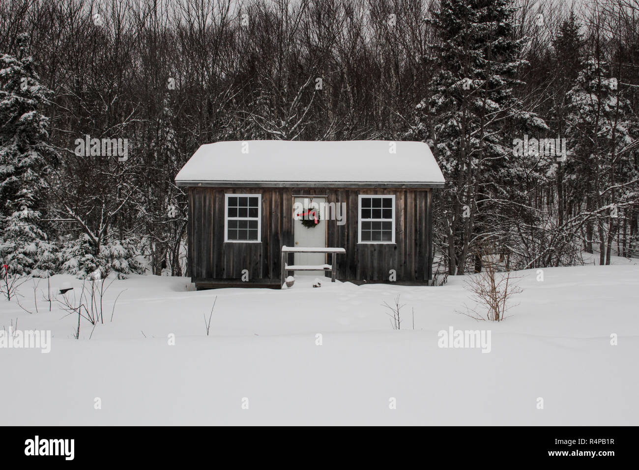 A small cabin in the woods of Cape Breton, Nova Scotia decorated for